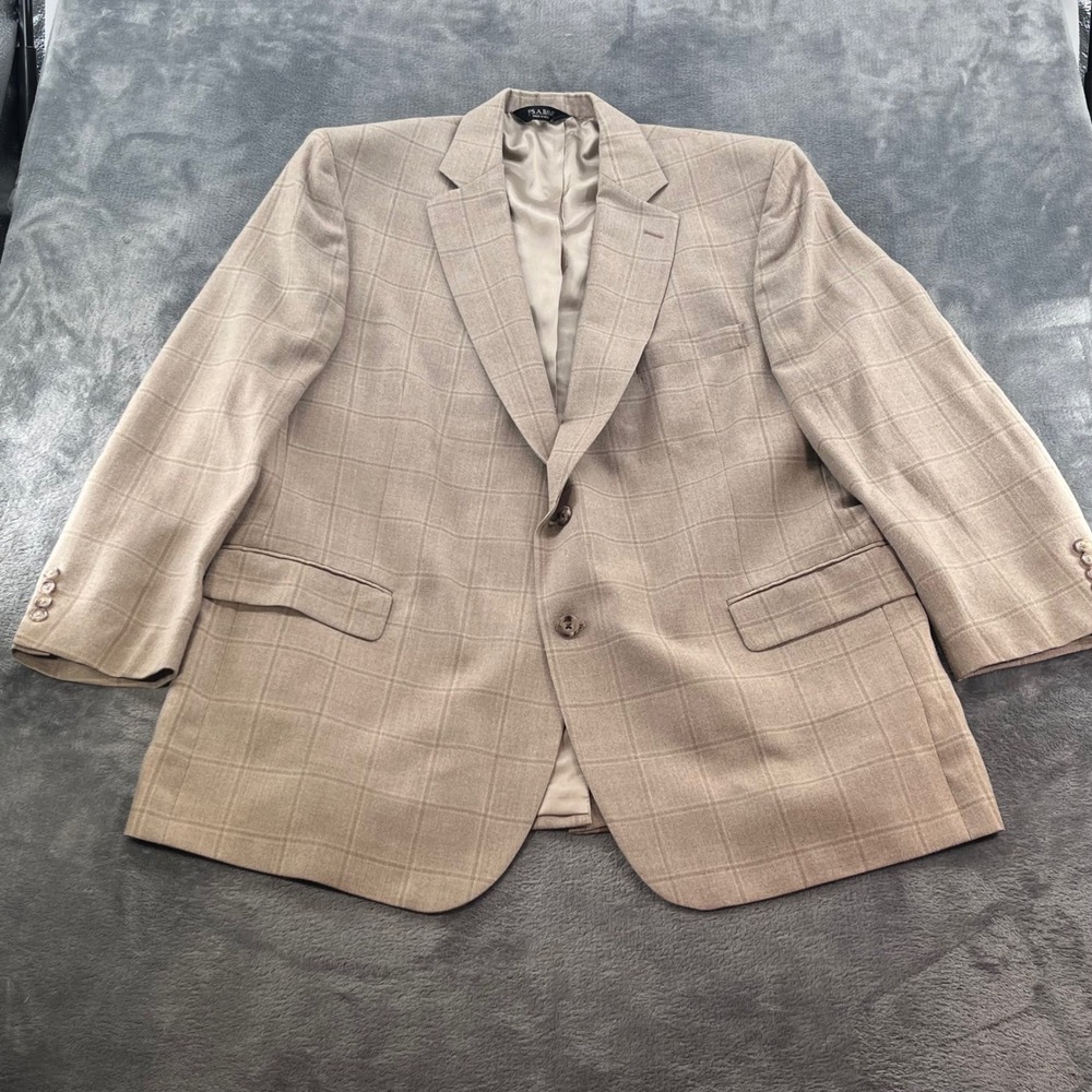 Jos A Bank Mens 50L Silk Wool Blend Tan Windowpane Blazer Sport Coat Jacket